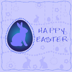 Cute Easter greeting card in light blue colors with rabbits and eggs, flowers