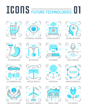 Set Vector Line Flat Icons of Future Technologies.