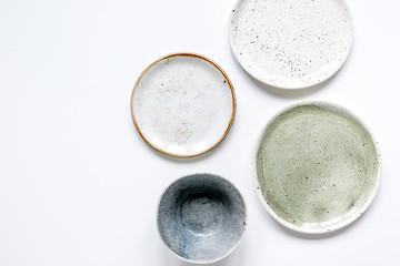 ceramic tableware top view on white background mock up