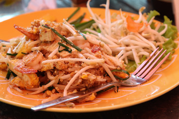 Thai food, padthai or fried noodle with shrimp.