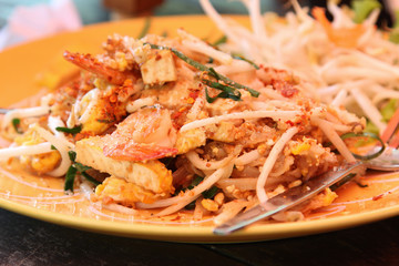 Thai food, padthai or fried noodle with shrimp.