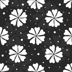 Seamless floral pattern with white flowers and dots on black background