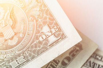 Cash, money, close-up photo, one dollar bill banknote in sunlight filter effect