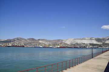 Naklejka premium Cargo port with port cranes. Sea bay and mountainous coast.