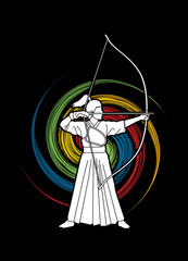 Woman bowing Kyudo designed on spin wheel background graphic vector.