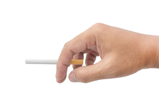 Hand holding cigarette isolated on white background