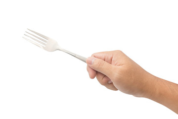 hand holding metal fork isolated on white background