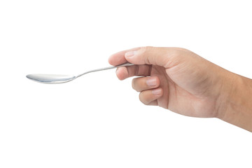 hand holding metal spoon isolated on white background