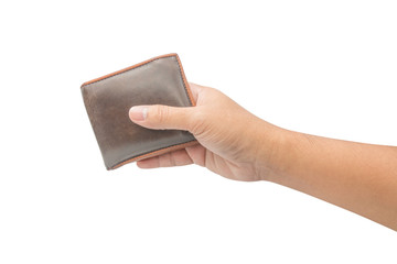 hand holding brown leather wallet isolated on white background