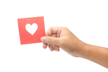 hand holding red paper heart isolated on white background