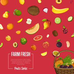 Fresh organic fruit poster vector illustration. Natural product, juicy fruit, healthy nutrition, organic farming, vegan food. Pineapple, melon, pomegranate, peach, coconut, plum, avocado, banana