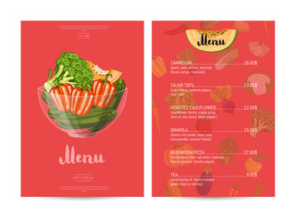 Vegetarian restaurant food menu design vector illustration. Vegan cafe menu, price page of vegetarian nutrition, organic food shop, healthy diet catalog. Menu card template with vegetable elements