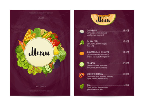 Vegan cafe food menu design vector illustration. Vegetarian restaurant menu, price catalog of vegan nutrition, organic food shop, healthy diet retail. Menu card template with vegetable elements