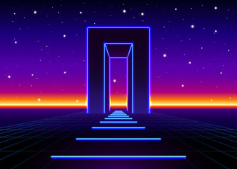 Neon 80s styled massive gate in retro game landscape with shiny road to the future