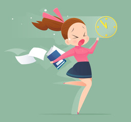 Illustration of an office worker running to meet a deadline. Business woman concept illustration.