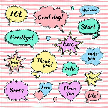 Hand drawn set of speech bubbles with dialog words: Hi, Love, Sorry, Welcome, Bye. Stickers