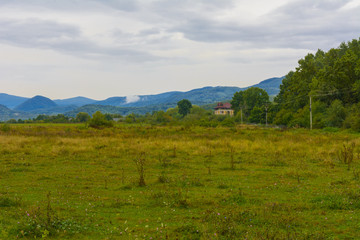 The landscape of fields and mountains in western Ukraine
