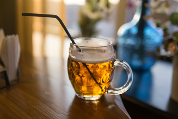 A beer mug in a restaurant