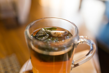 A glass of mint tea in a restaurant