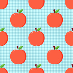Flat design, vector red apples seamless pattern on checkered background.