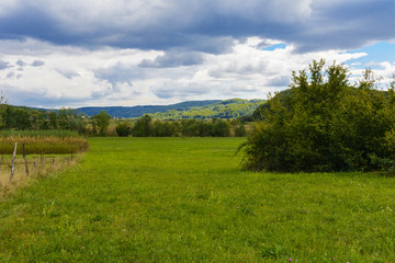 The landscape of fields and mountains in western Ukraine