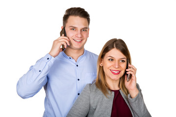 Happy young couple on the phone