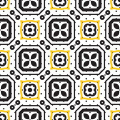 Panele Szklane Podświetlane  Czarno-białe śródziemnomorskie płytki ceramiczne bezszwowe wzór. Geometryczne kształty vintage wektor tekstury do projektowania ceramiki, tekstyliów i tapet.