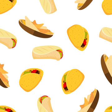 Mexican food tacos burrito and nachos vector seamless background