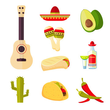 Mexican cuisine cartoon vegetables, food and drinks vector stock menu icons