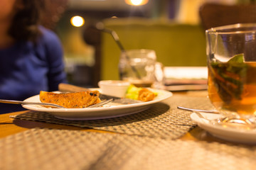Eaten meal on a table in a restaurant