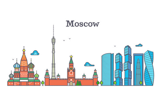 Moscow Vector Line Panorama, Modern City Skyline, Russia Outline Symbol, Flat Urban Landscape