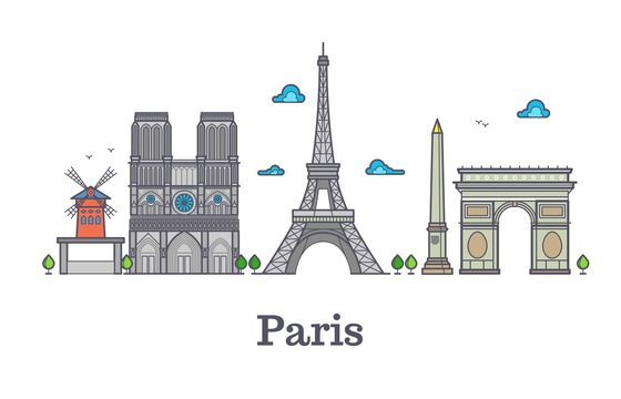 Modern france travel line landmark, paris panorama vector illustration