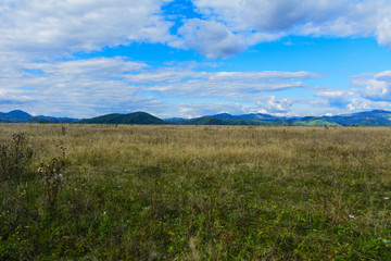 The landscape of fields and mountains in western Ukraine