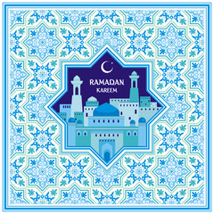 Ramadan greeting card with the image of the ancient Middle Eastern town with mosques and minarets decorated by a pattern in Mauritian style. Vector template