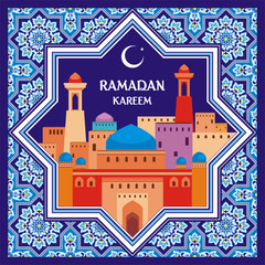 Ramadan greeting card with the image of the ancient Middle Eastern town with mosques and minarets decorated by a pattern in Mauritian style. Vector template