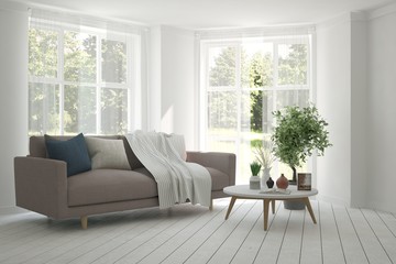 White room with sofa and green landscape in window. Scandinavian interior design. 3D illustration