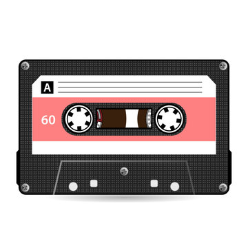 Retro Audio Cassette Vector. Plastic Audio Cassette Tape. Old Technology, Realistic Design Illustration. Isolated On White Background