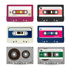 Retro Audio Cassette Vector. Collection Of Different Colorful Music Tapes. Isolated On White Background.