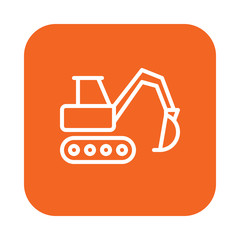 Excavator flat line icon, linear vector sign on colorful rounded square button isolated on white. Heavy construction equipment symbol, logo illustration. Flat design, pixel perfect