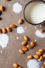 Fototapeta na wymiar Dairy alternative milk. Almond milk in a glass bottle and fresh nuts over a gray background, selective focus. Clean eating, dairy-free, vegan, vegetarian, allergy-friendly, healthy food concept