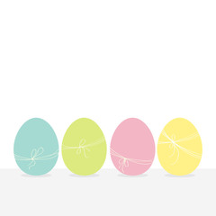 Colorful painting Easter egg set. Row of painted eggs shell with thread and bow. Light color. White background. Isolated. Flat design.