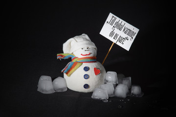 Till global warming do us part! The statement written on the protest sign, carried by a snowman, surrounded with melting ice cubes.