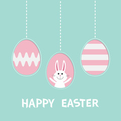 Three painting egg shell. Cute rabbit hare with tie bow. Happy Easter text. Hanging painted egg set. Dash line. Greeting card. Flat design style. Decoration element.