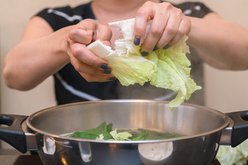 Woman puts vegetables into the pot. Conception of healthy food preparing.