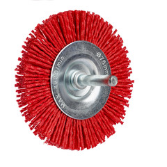 A grinding brush for a drill is isolated on a white background.