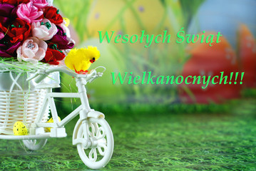 Wiosenna  Wielkanocna kartka z życzeniami po polsku z rowerem ,kurczakiem  i jajkami.