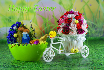 Wiosenna  Wielkanocna kartka z życzeniami po angielsku z rowerem ,kurczakiem ,zającem i pisanki.