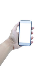 Holding mobile smart phone touch screen on white background, include clipping path