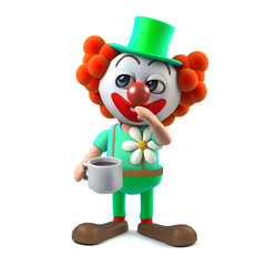 3d Funny cartoon clown character drinks a cup of coffee - 141714923
