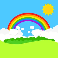 Landscape with rainbow and sun. Vector illustration